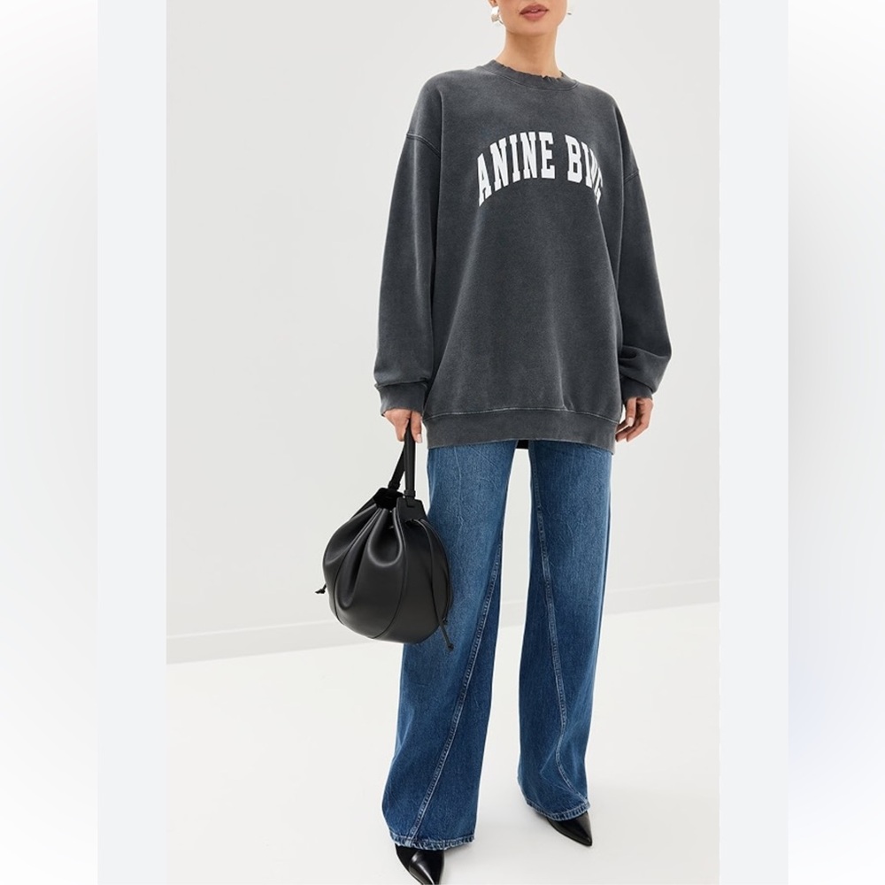 Anine Bing Tyler Cotton Logo Washed Black Crew Neck Sweatshirt-Scandi Girl Style - Picture 3 of 16